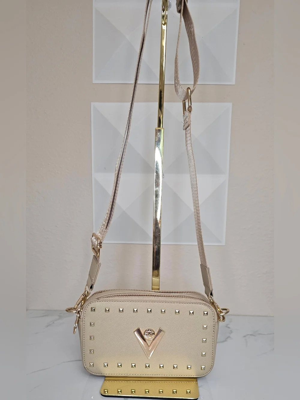 Valentino Orlandi Beige Studded Camera Crossbody Bag Gold Hardware Italy